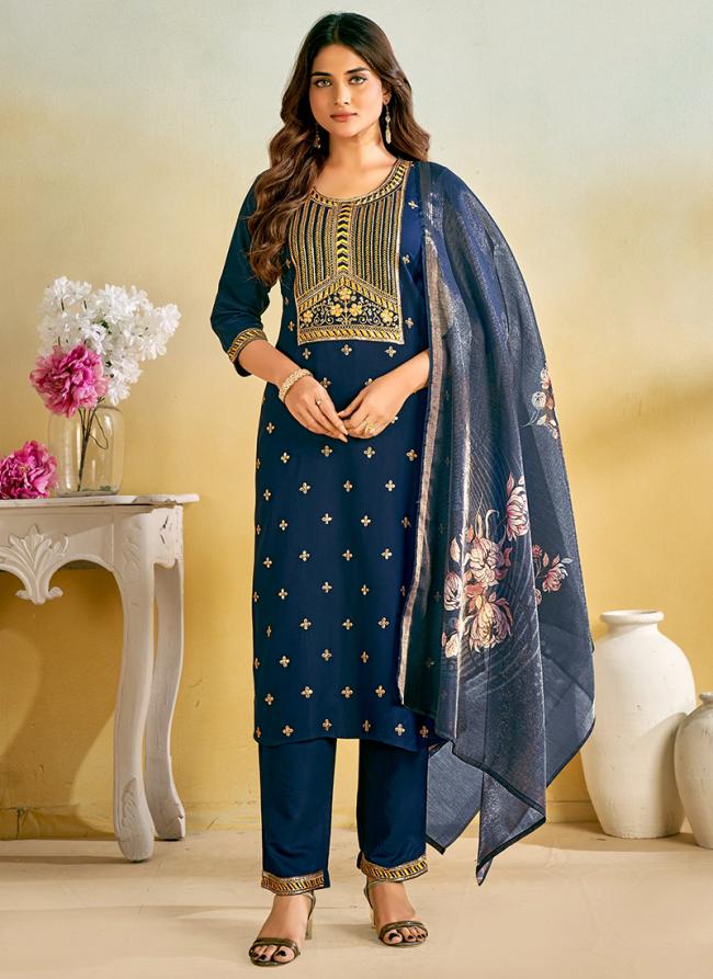 Rayon Blue Traditional Wear Embroidery Work Readymade Kurti Set